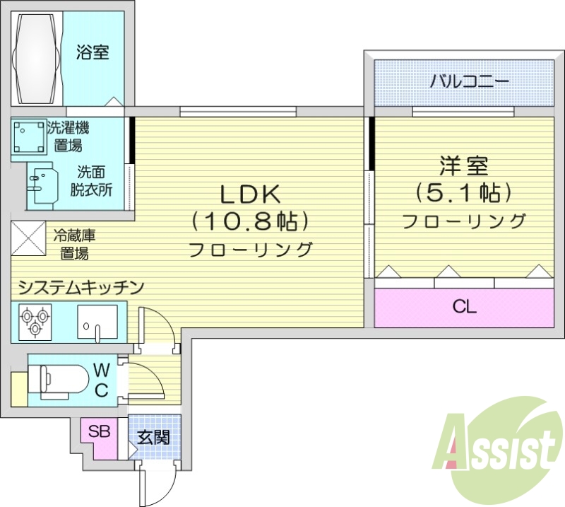 1LDK、都市ガス、エアコン、独立洗面台、システムキッチン