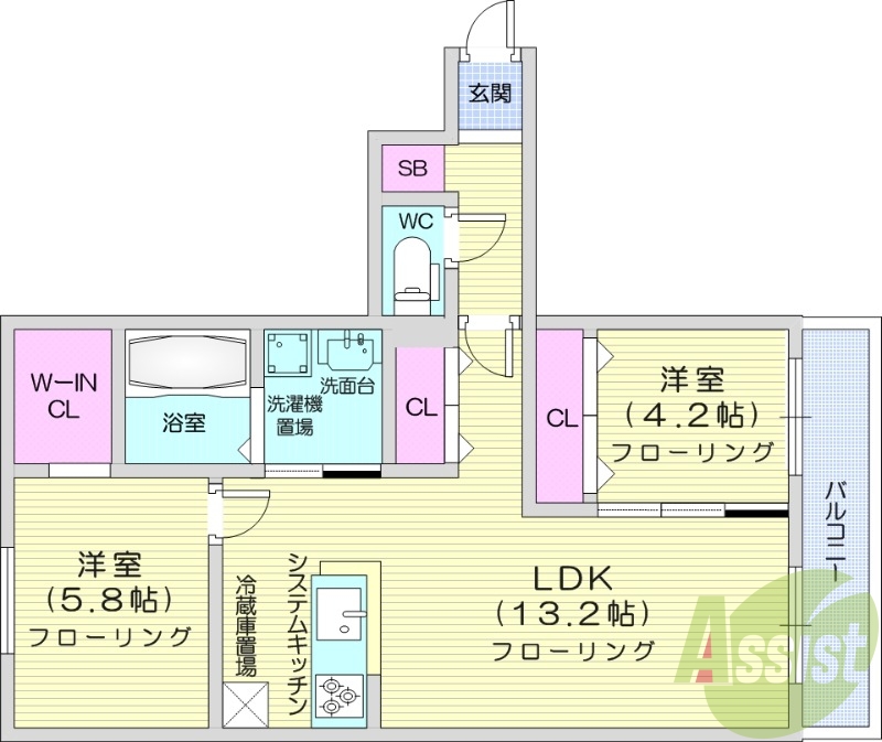 2LDK、エアコン、追い焚き、浴室乾燥機、システムキッチン