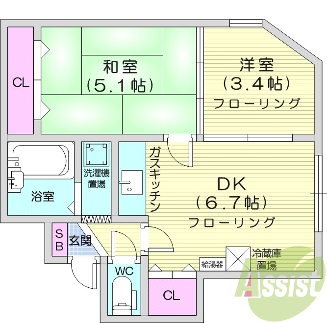 2DK、ガス暖房、シャワートイレ、バストイレ別