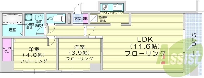 2LDK、ウォークインクローゼット、洗面脱衣所