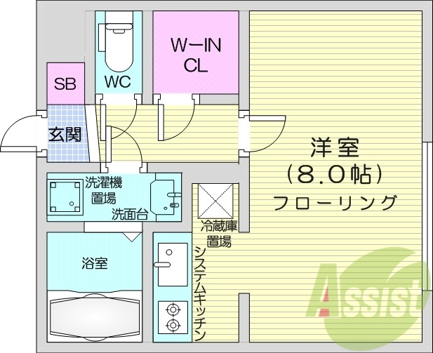 1K、エアコン、独立洗面台、システムキッチン、ネット無料