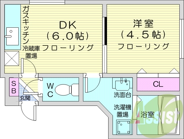 1DK、バストイレ別、オートロック、シャンプードレッサー