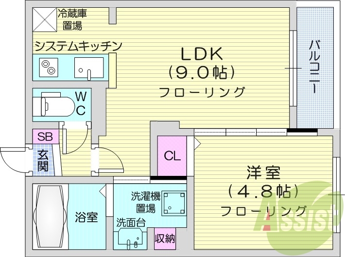 1LDK、都市ガス、エアコン、システムキッチン