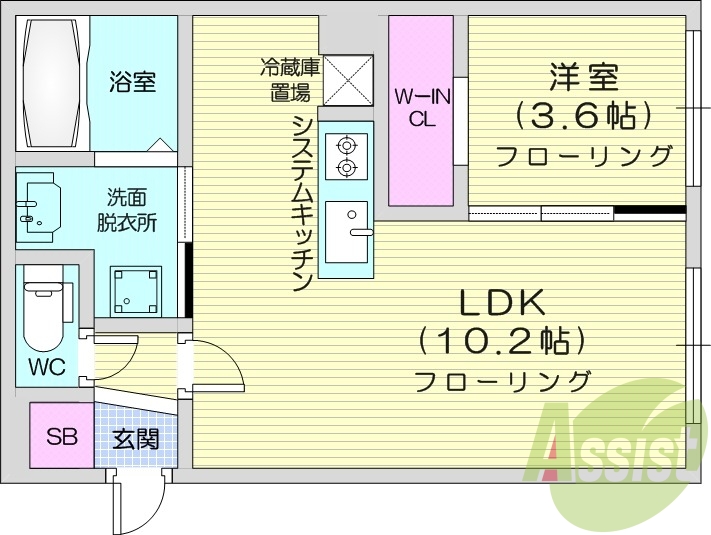 1LDK、ガスリミット、エアコン、システムキッチン