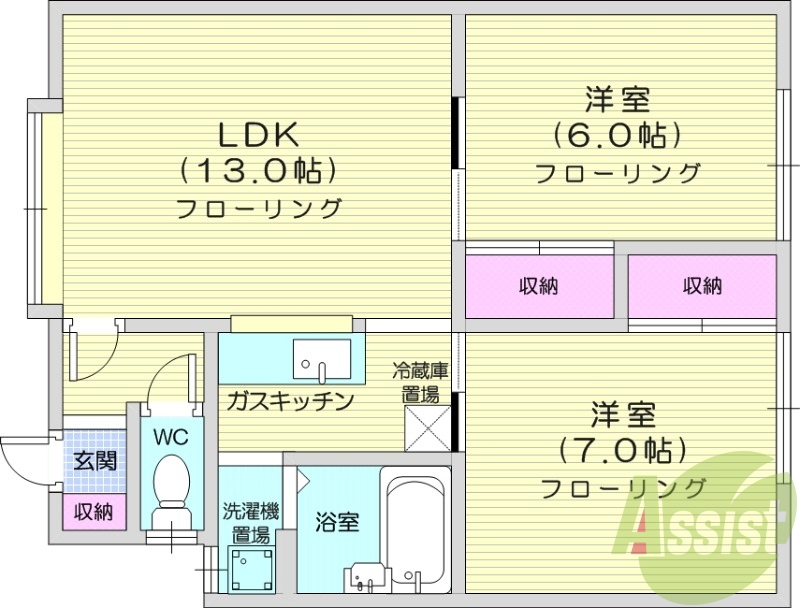 2LDK、角部屋、最上階、灯油暖房、トランクルーム