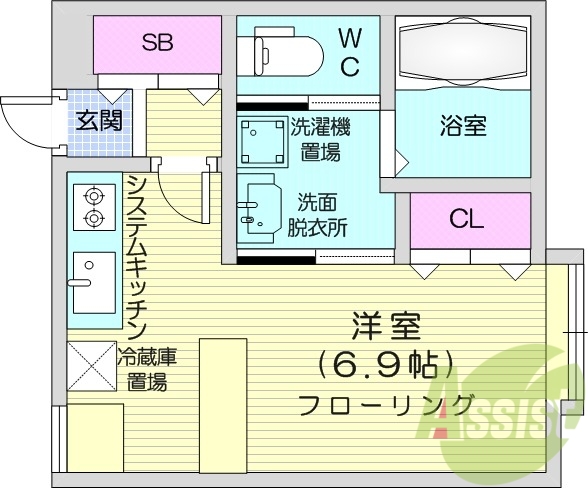 1K、エアコン、システムキッチン、オートロック、エレベーター