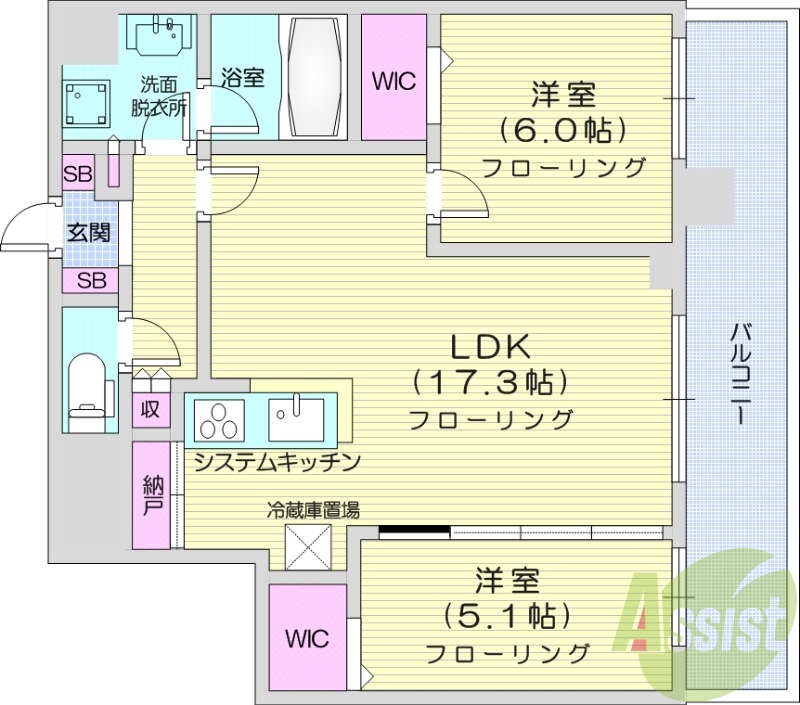 2LDK、システムキッチン、シャワートイレ、追い焚き