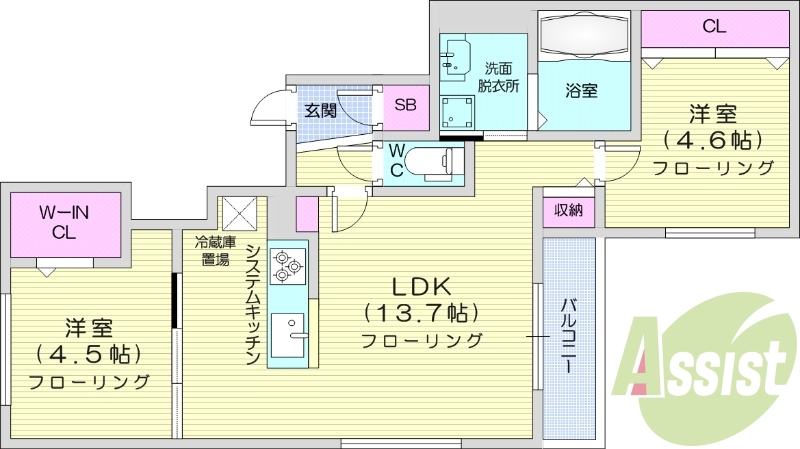 2LDK、エアコン、システムキッチン、ネット無料