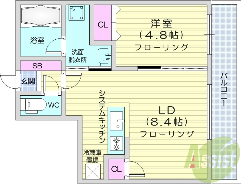 1LDK、都市ガス、エアコン、システムキッチン、