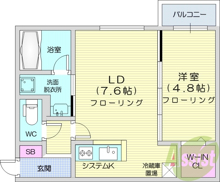 1LDK、都市ガス、エアコン、システムキッチン、