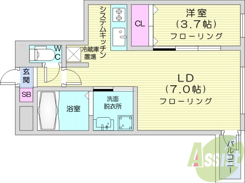 1LDK、エアコン、システムキッチン、灯油暖房