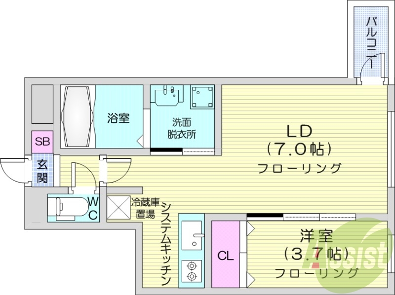 1LDK、エアコン、システムキッチン、灯油暖房