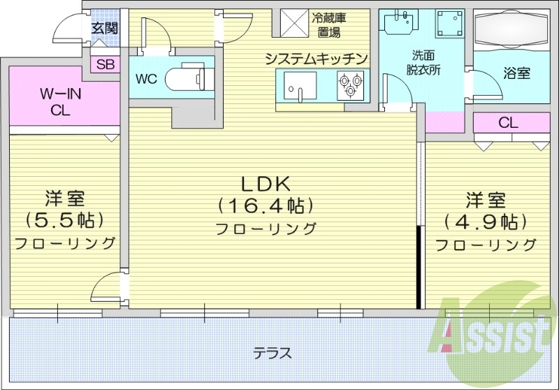 2LDK、都市ガス、エアコン、浴室乾燥機、追い焚き