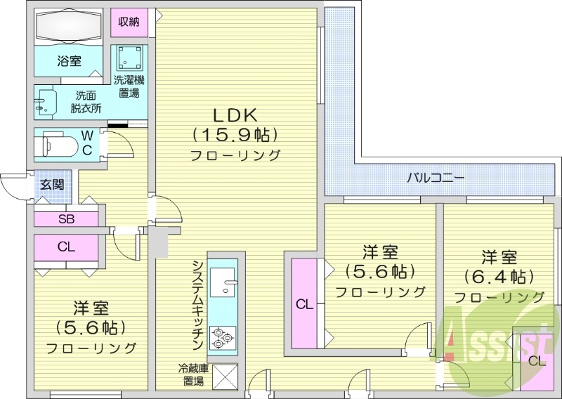 3LDK、エアコン、追い焚き、システムキッチン、ネット無料