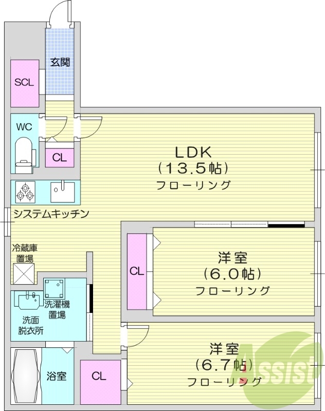 2LDK、ガスリミット、エアコン、システムキッチン
