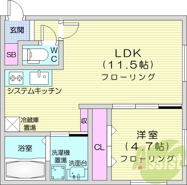 1LDK、エアコン、システムキッチン、ネット無料