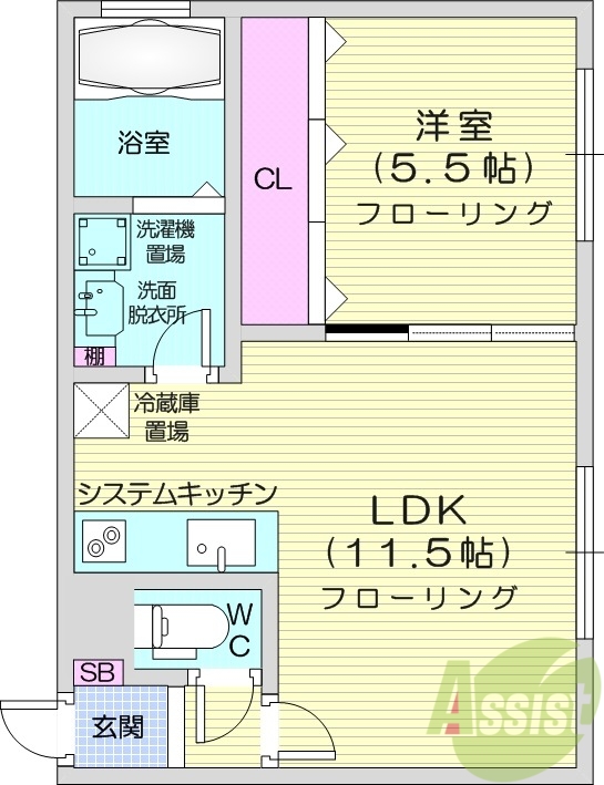 1LDK、角部屋、都市ガス、エアコン、オートロック