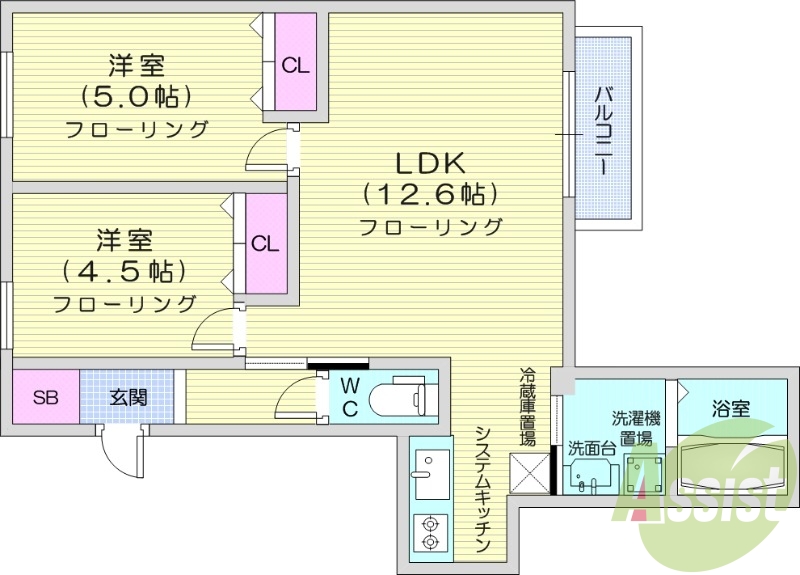 2LDK、ガスリミット制、エアコン、システムキッチン