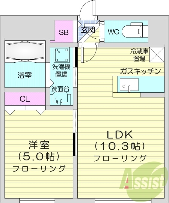 1LDK、都市ガス、ネット無料、TV付インターホン
