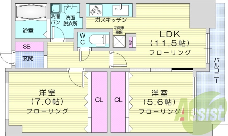 2LDK、独立洗面台、エアコン、ガス暖房、バルコニー