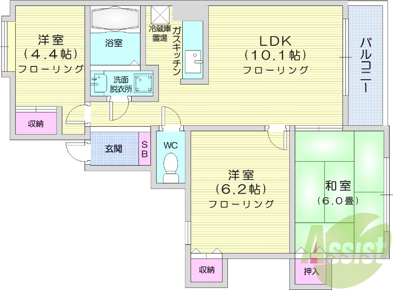 3LDK、バストイレ別、独立洗面台、室内洗濯機置場