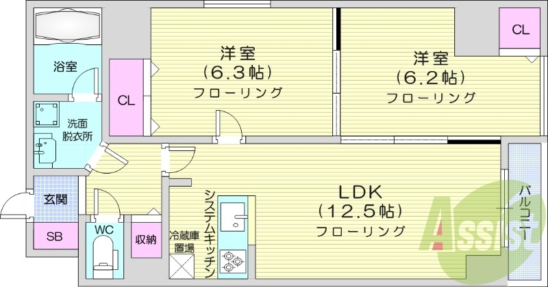2LDK、エアコン、都市ガス、システムキッチン、追い焚き機能