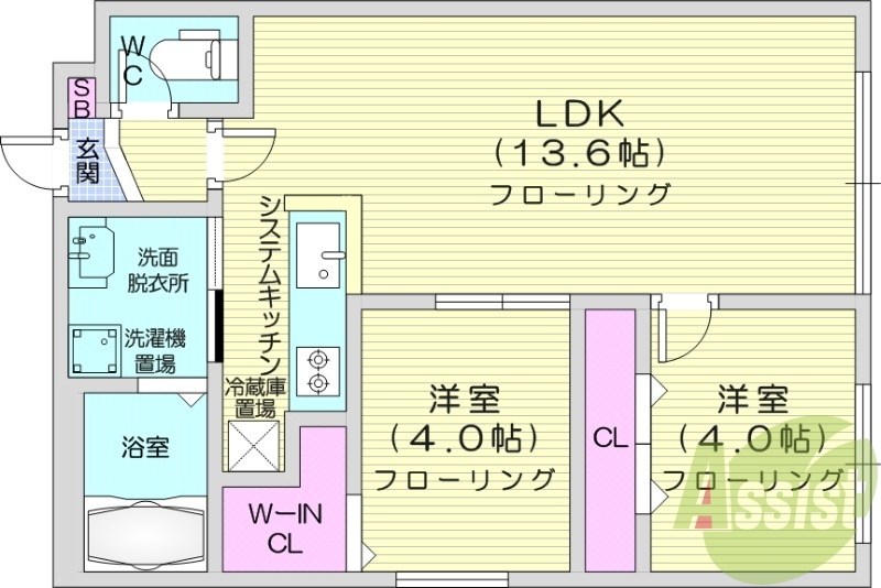 2LDK、システムキッチン、エアコン、独立洗面台、ネット無料