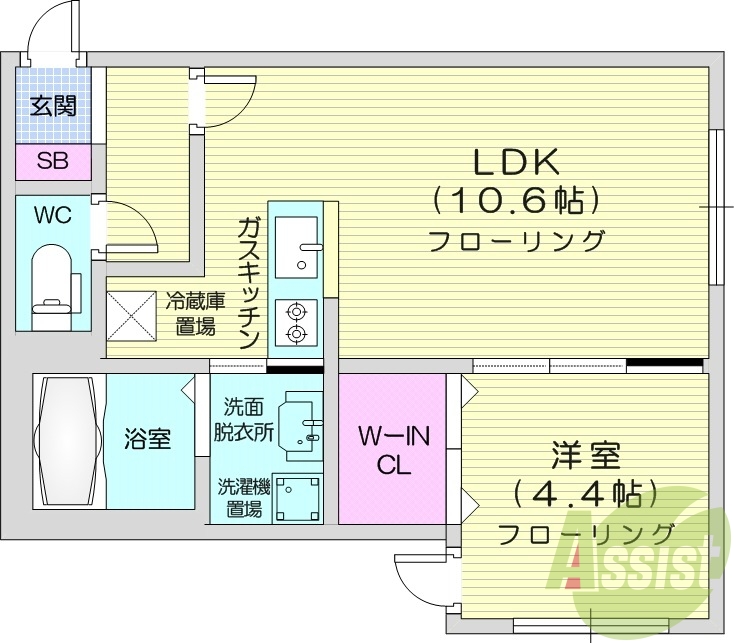 1LDK、角部屋、エアコン、オートロック、ネット使用料不要