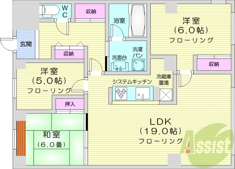 3LDK、エアコン、都市ガス、システムキッチン