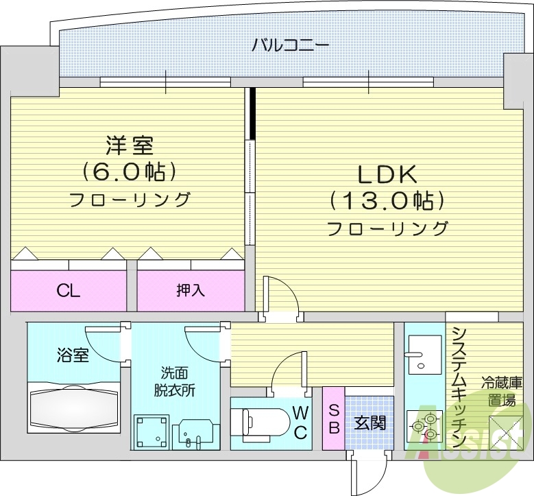 1LDK、エアコン、都市ガス、灯油FF暖房、トランクルーム
