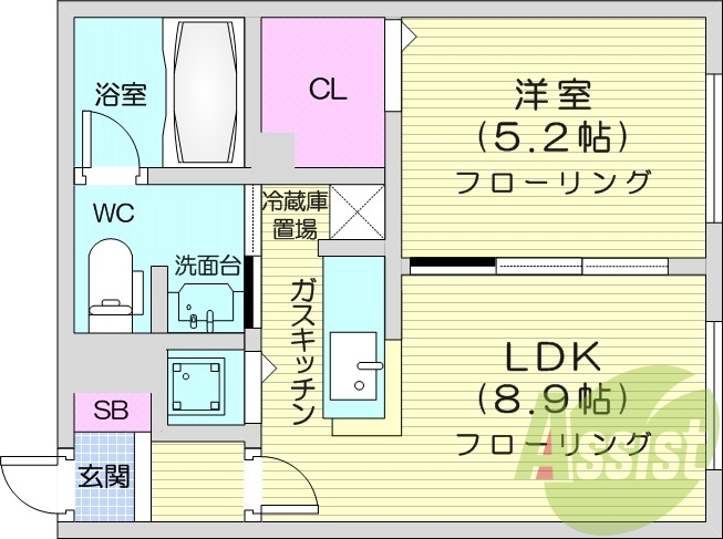 1LDK、独立洗面台、灯油暖房、バストイレ別、ガス給湯