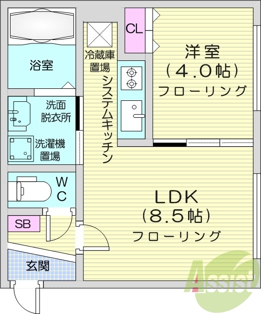1LDK、エアコン、独立洗面台、システムキッチン