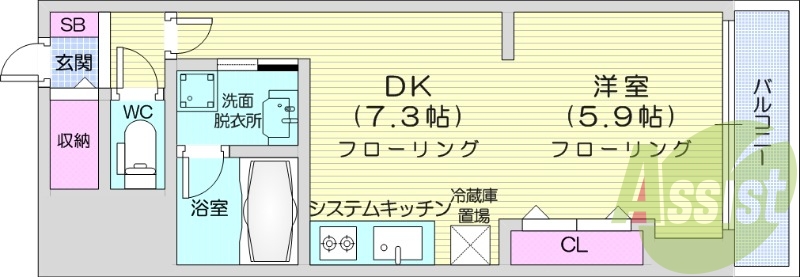 1DK、エアコン、独立洗面台、システムキッチン