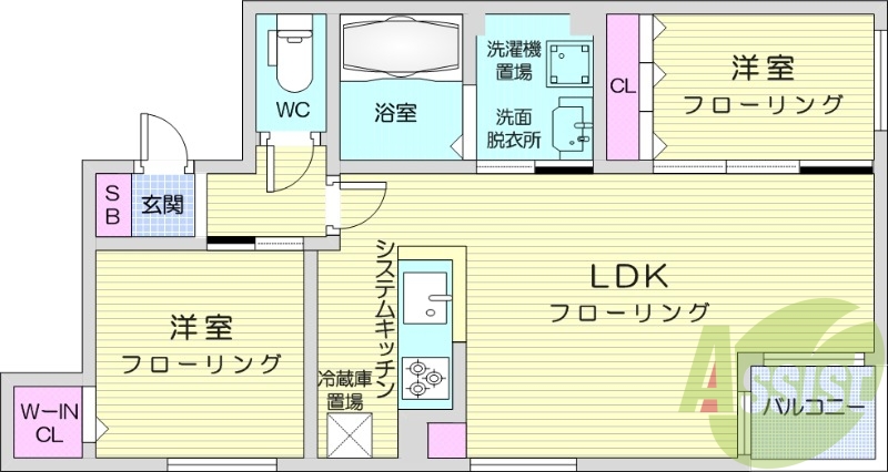 2LDK、都市ガス、エアコン、追い焚き、システムキッチン