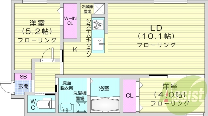 2LDK、都市ガス、エアコン、追い焚き、システムキッチン