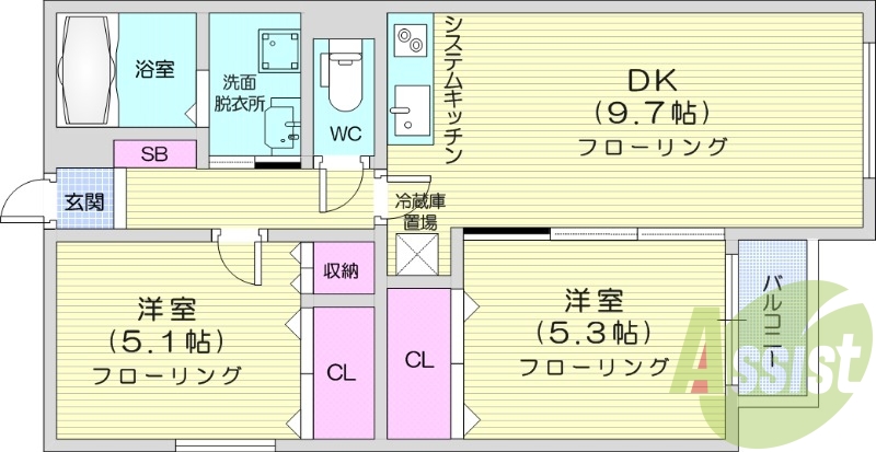 2DK、エアコン、システムキッチン、独立洗面台
