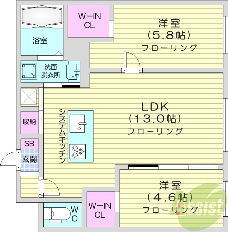 2LDK、エアコン、システムキッチン、ネット無料