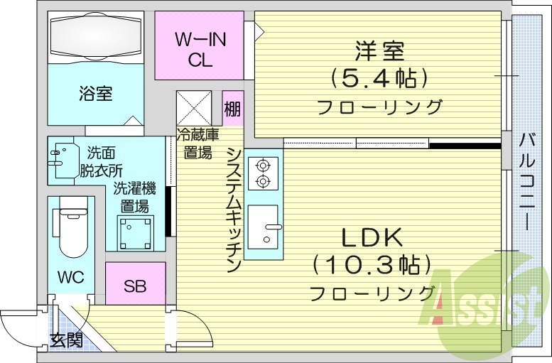 1LDK、システムキッチン、エアコン付き