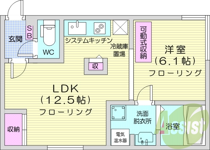 1LDK、オール電化、システムキッチン、シャワートイレ