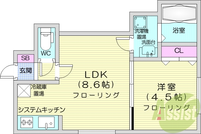 1LDK、ネット使用料不要、オートロック、システムキッチン