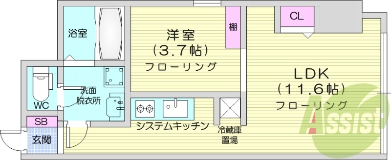 1LDK、オートロック、角部屋、ネット無料、システムキッチン