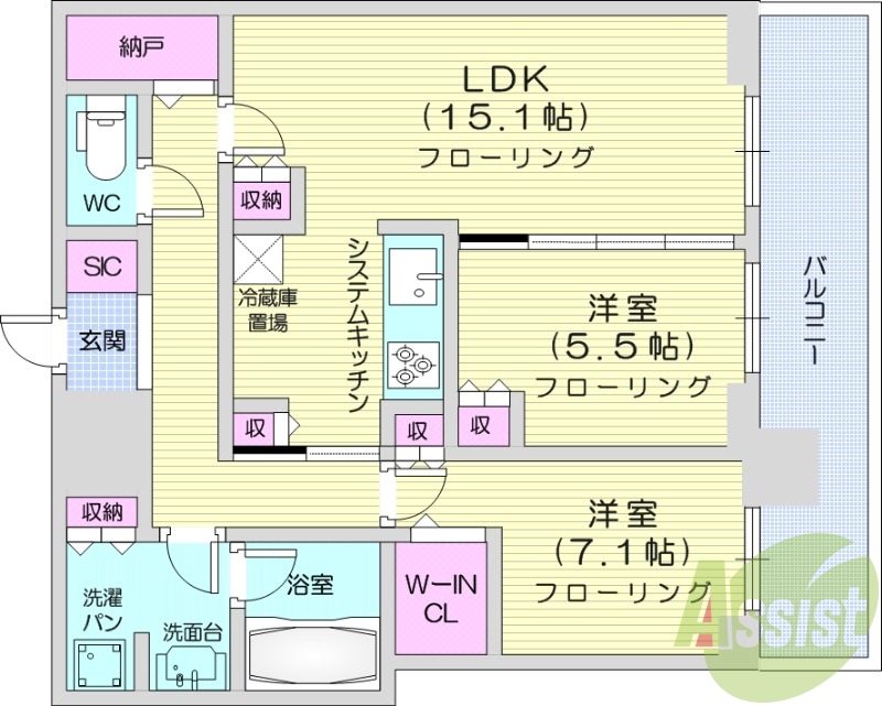2LDK、システムキッチン、シャワートイレ、追い焚き