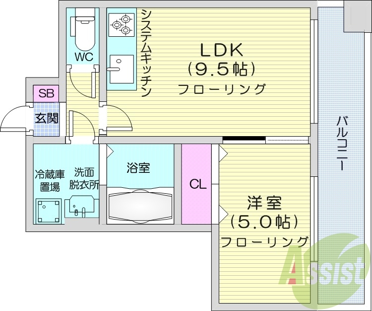 1LDK、都市ガス、システムキッチン、オートロック
