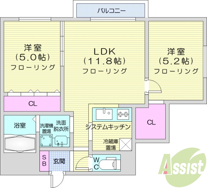2LDK、追い焚き、浴室乾燥機、エアコン