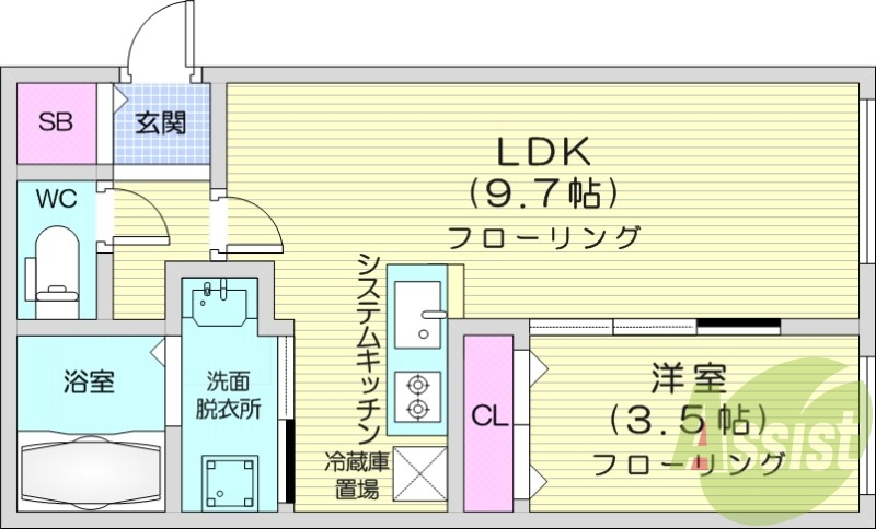 1LDK、エアコン、システムキッチン、ネット使用料不要