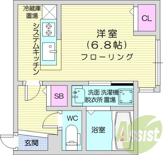 1K、エアコン、ガスリミット、システムキッチン