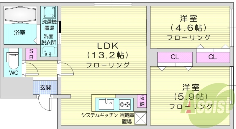 2LDK、エアコン、システムキッチン、ネット無料