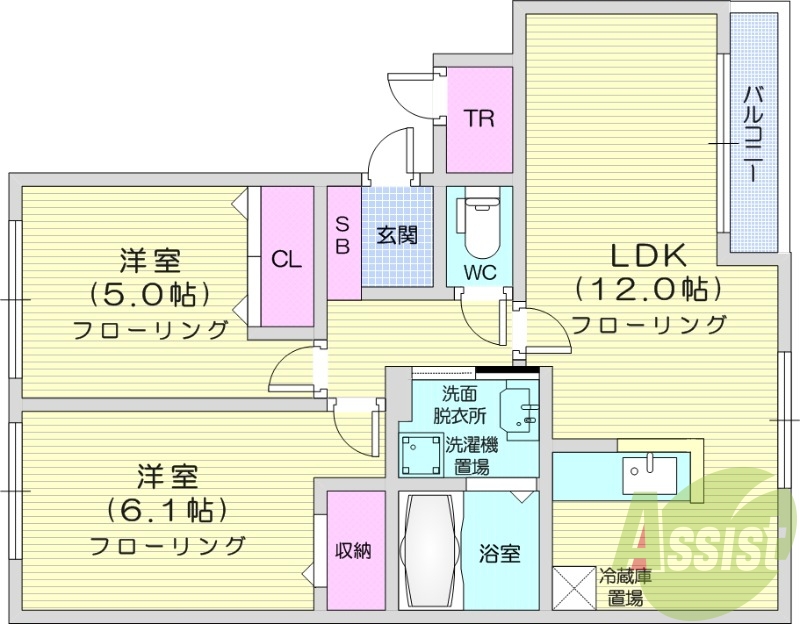 2LDK、バルコニー、トランクルーム、角部屋