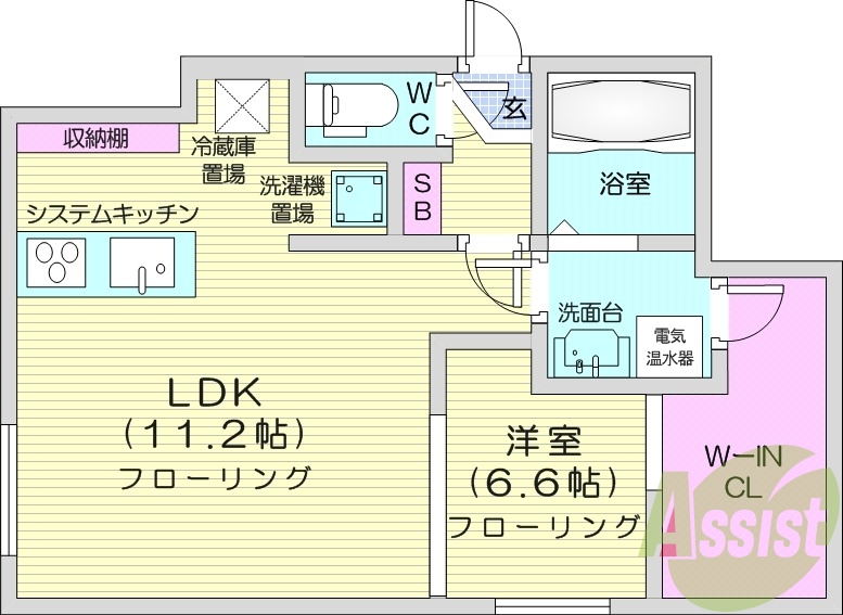 1LDK、都市ガス、追い炊き、独立洗面台、システムキッチン