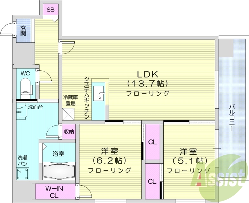 2LDK、都市ガス、追い焚き、宅配ボックス